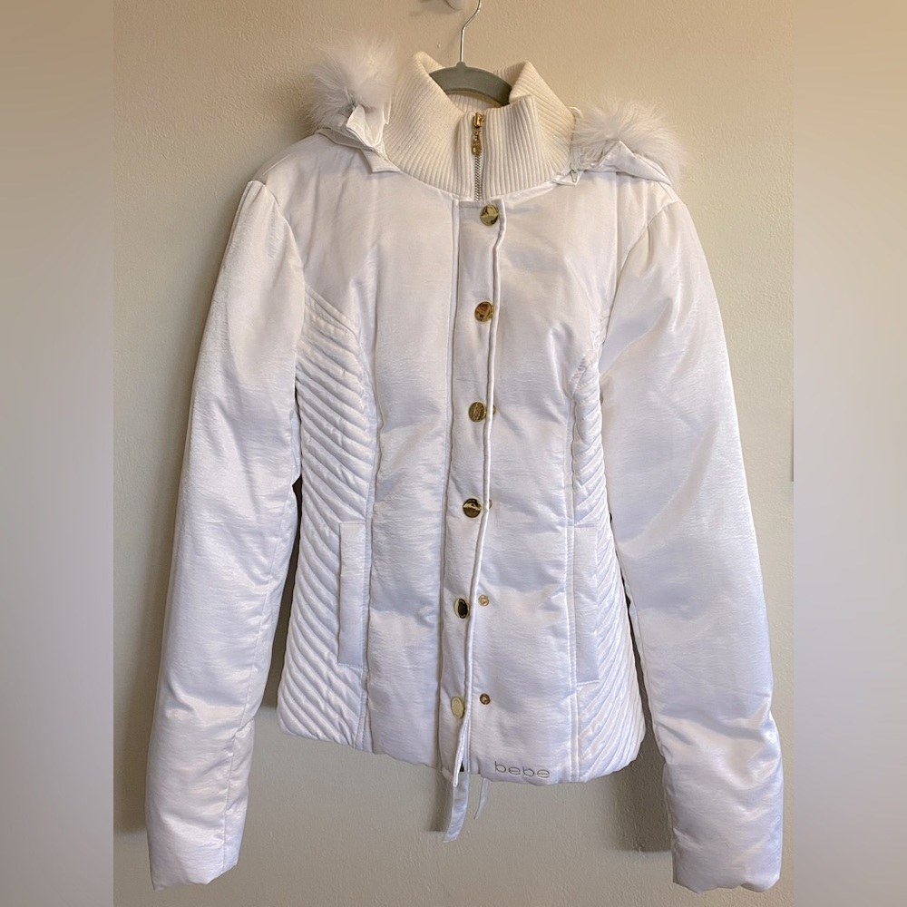 bebe White Puffer Jacket with Faux Fur Removable Hood & Corset Back